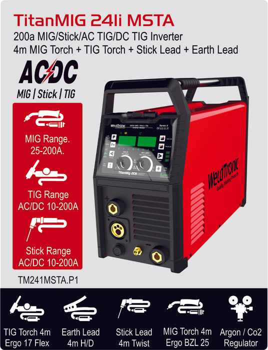 Mig Welder & Tig Welder Weldtronic Titan 241i Msta 4in1 Multi-function Mig, Stick & Ac/dc Tig Welder 220amp 240v 15a
