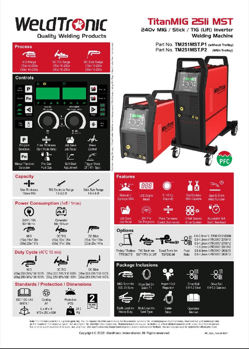 Mig Welder Weldtronic Titan 251i Mst Multi-function Mig Welder 240v Pfc