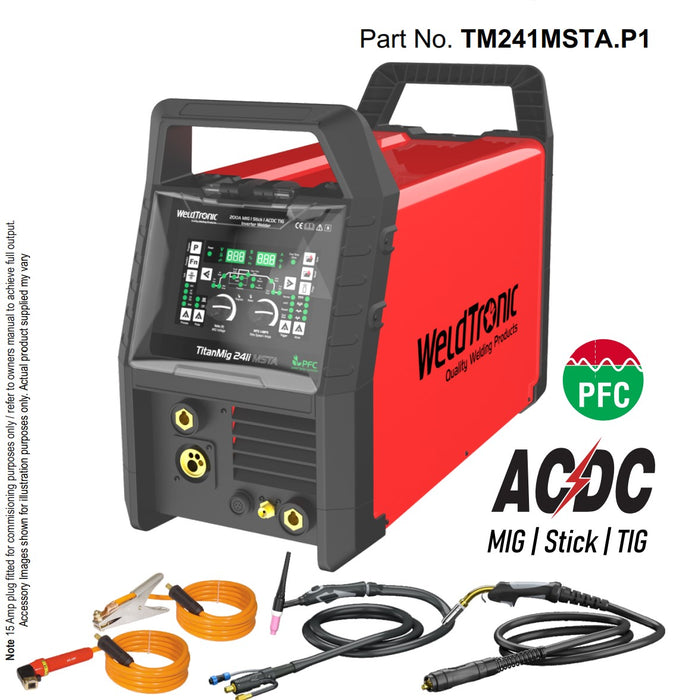 Mig Welder & Tig Welder Weldtronic Titan 241i Msta 4in1 Multi-function Mig, Stick & Ac/dc Tig Welder 220amp 240v 15a