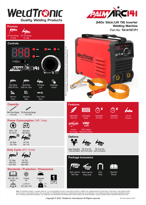Arc Welder / Stick Welder Weldtronic Palmarc 141 140amp 240v 10a Plug