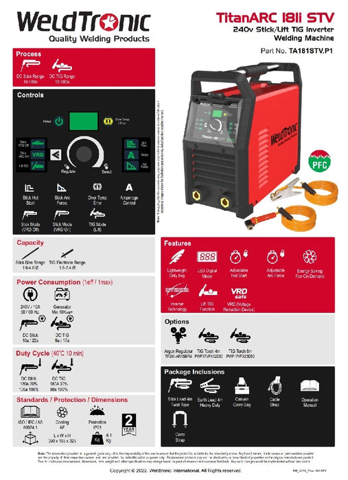 Arc Welder / Stick Welder Weldtronic Titan 181istv 180amp Pfc Package 240v 10a Plug