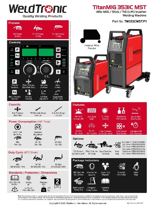 Mig Welder Weldtronic Titan 353ic Mst Multi-function Mig Welder Synergic 415v With Toolbox Trolley