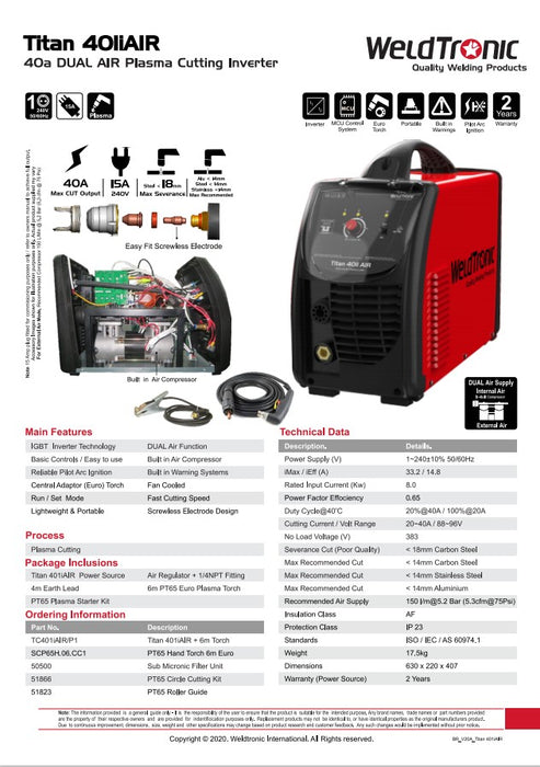 Plasma Cutter Weldtronic Titan 401i Air In-built Compressor 240v