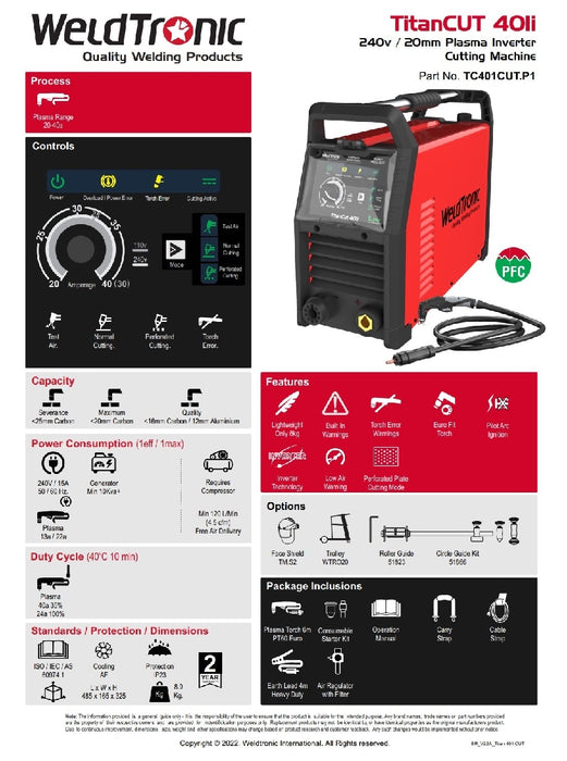 Plasma Cutter Weldtronic Titan 401i Cut 40amp 240v Pfc